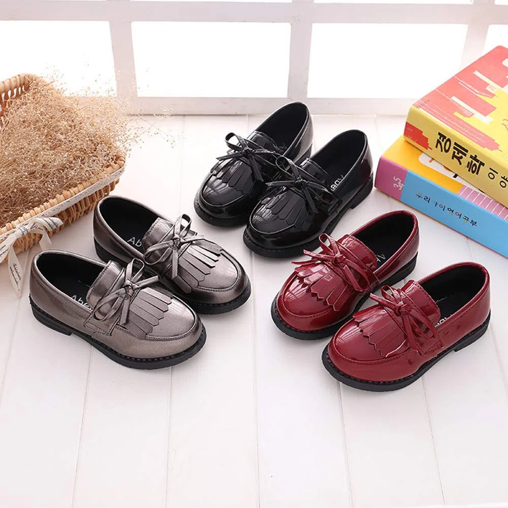Mocassini Bambina in Pelle Scarpe da Bambina Stile Britannico con Fiocco.