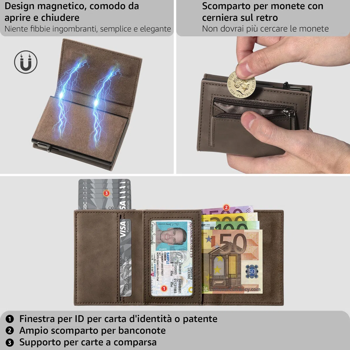 Portafoglio Uomo, RFID Magnetica Portafoglio Uomo Slim, Porta Carte di Credito Uomo - ID Window, Tasca portamonete con cerniera, Scomparto per Banconota - Marrone