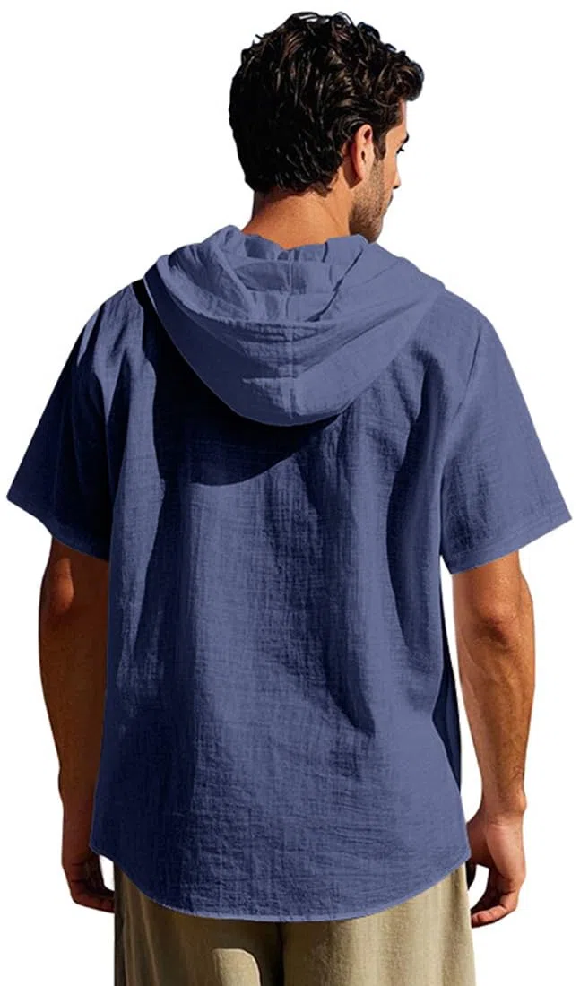 T-Shirt da Uomo in Lino a Maniche Corte con Cappuccio e Bottoni, Camicia in Lino, Cardigan con Cappuccio