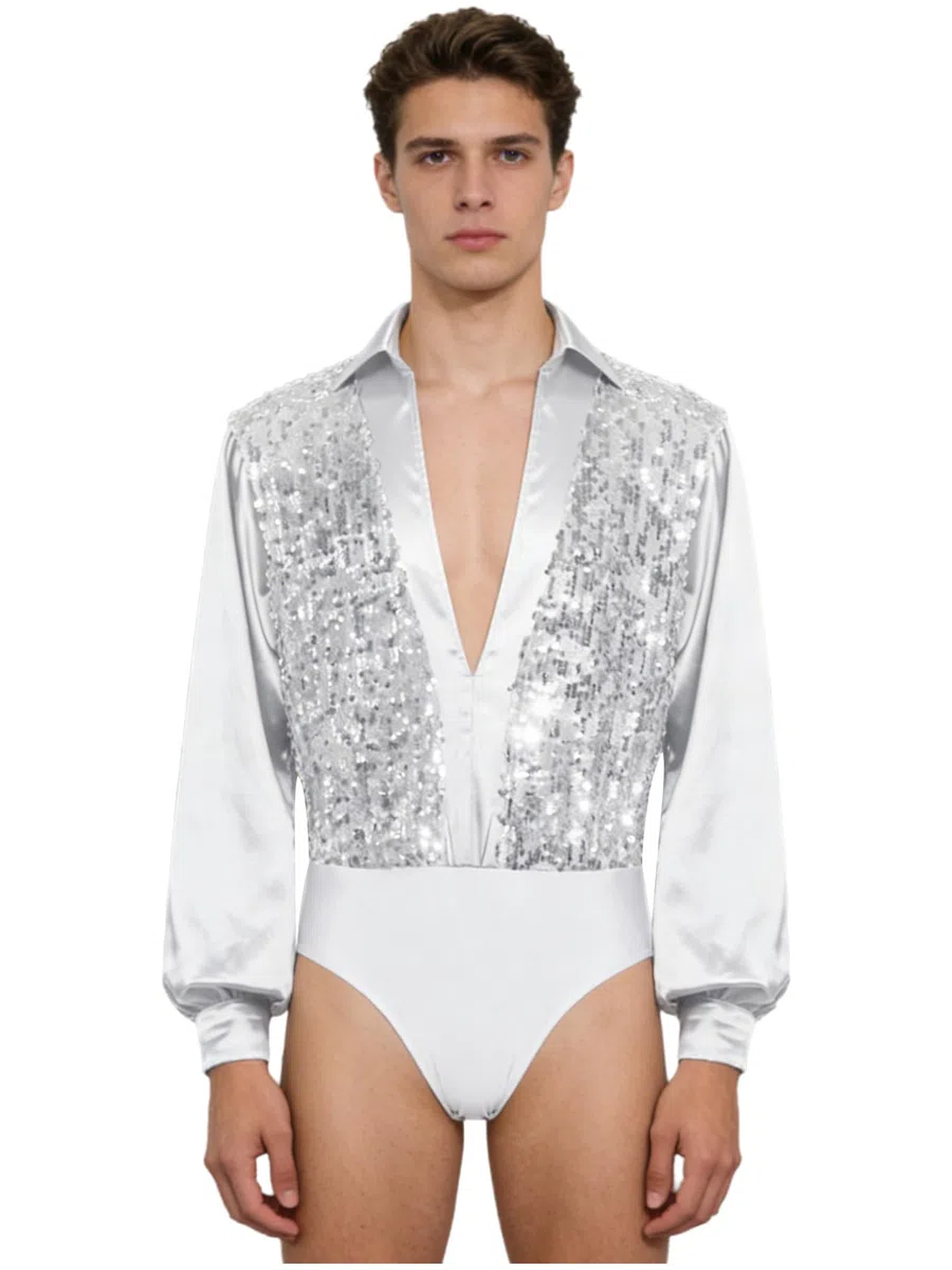 dPois Uomo Camicia Body da Ballo Latino Americano Tango Maniche Lunghe Balletto Leotards con Paillettes Body Ginnastica Ritmica Danza Classica Moderna Dancewear