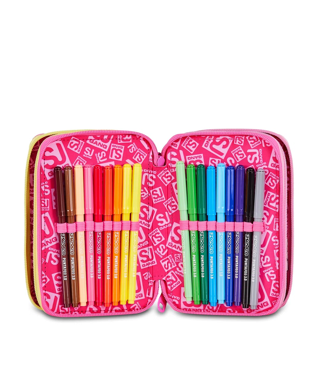 SJ GANG STYLE JAM GANG Astuccio Scuola 3 zip JOYFUL PINS GIRL, Rosa, Triplo Scomparto, 45 pezzi, Portapenne Attrezzato, Completo di matite, penne e colori, Accessori Zaino, Scuola elementare, Bambina
