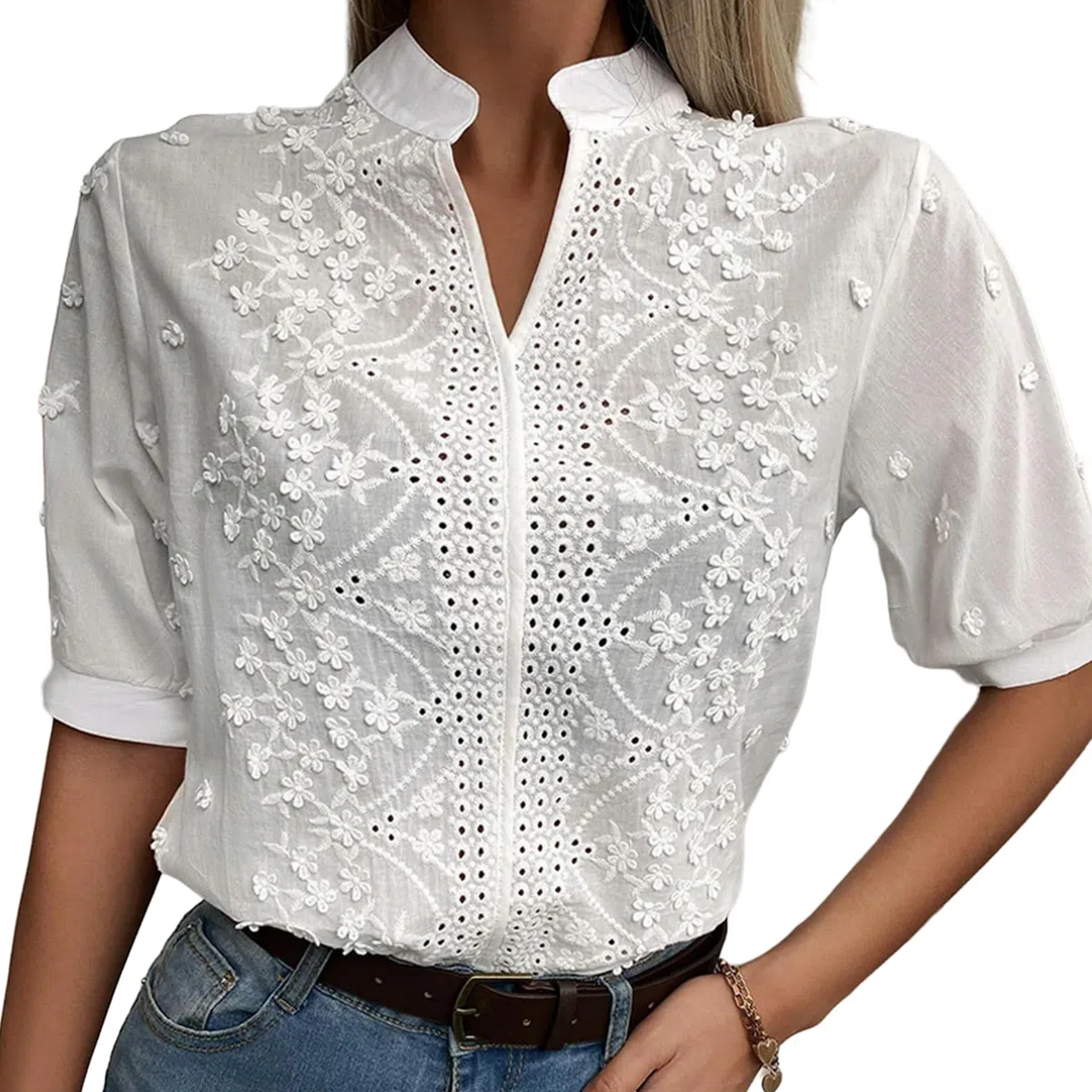 Camicetta Estiva in Pizzo con Ricamo Floreale Moda Donna Scollo a V Camicia Casual Chic Manica Corta Svasata Top Elegante