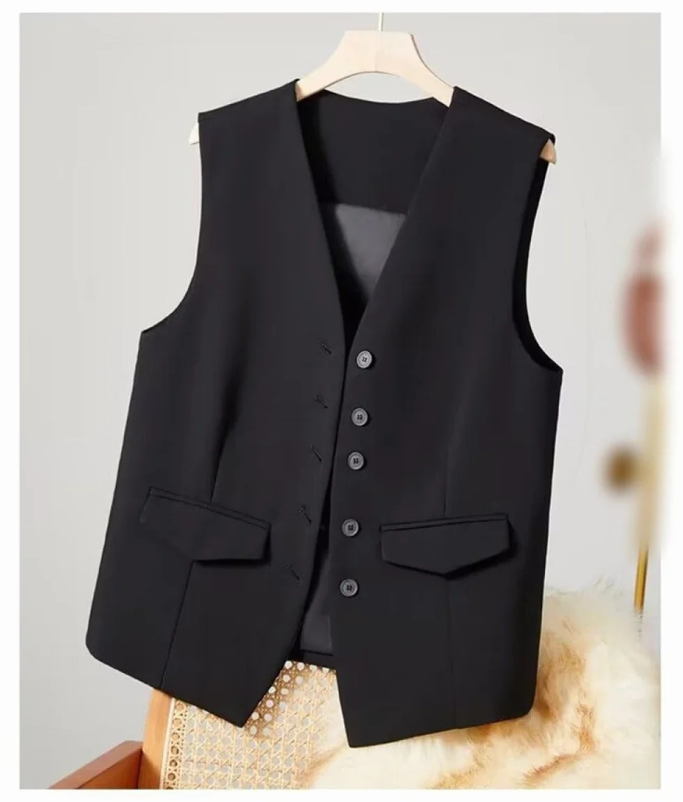 Gilet da donna, senza maniche, elegante e sottile, per lavoro e ufficio, stile retrò, scollo a V, colore nero, L, Nero