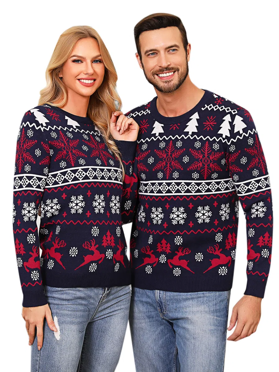 Aseniza Maglione di Natale Donna Uomo Coppia Famiglia Maglione Invernale Caldo Pullover Modello Manica Lunga Fiocco di Neve e Elk