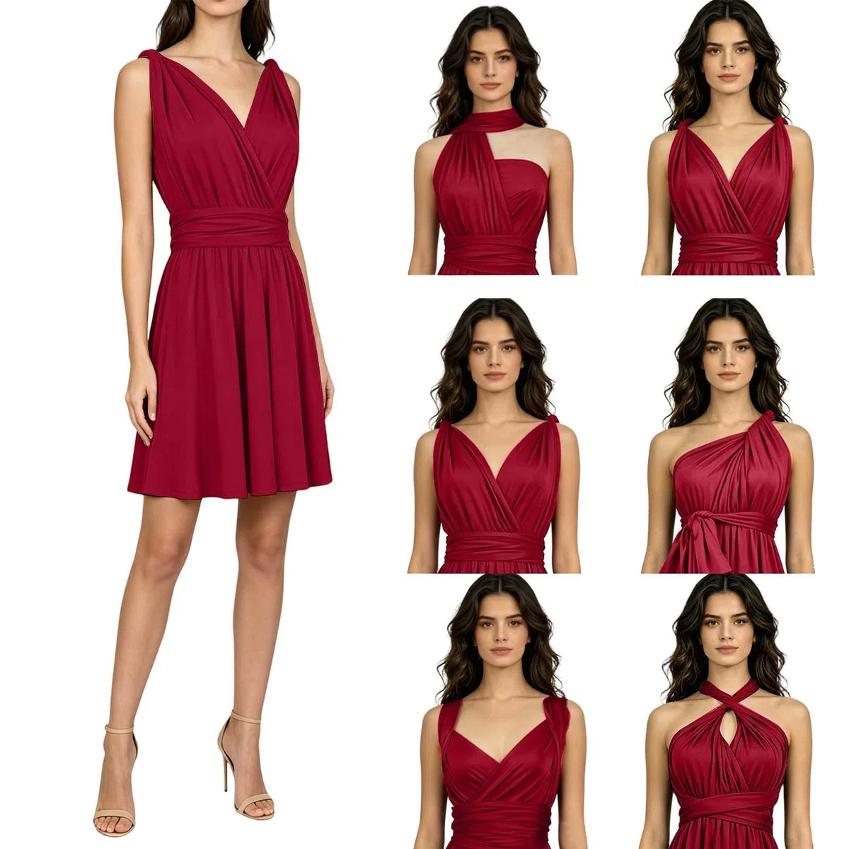 Abito Cerimonia Donna con Schiena Scoperta Multiway Vestito Elegante a Portafoglio Scollo a V Mini Abito da Cocktail Festa Senza Maniche