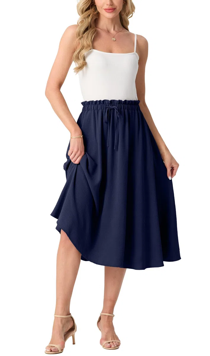 GRECERELLE Gonna midi estiva da donna, stile boho, fluida, casual, a vita alta, a palazzo, con tasche e cintura regolabile