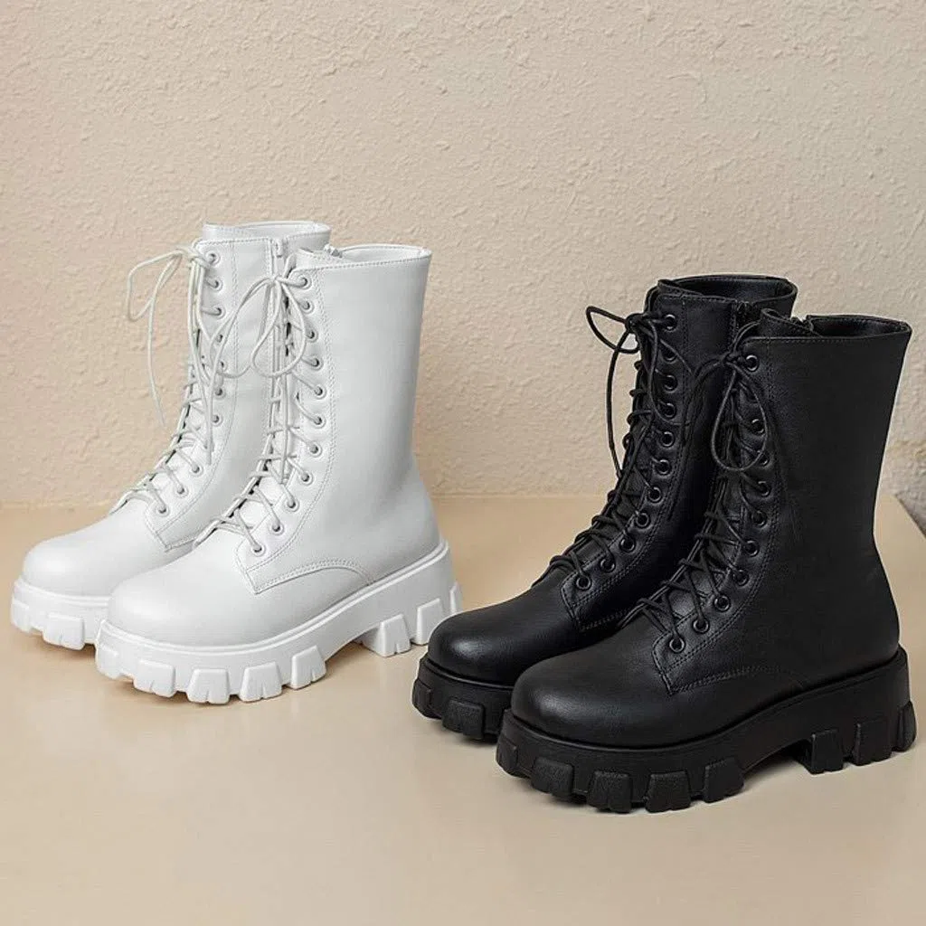 Stivali stringati da donna, da combattimento, da donna, in pelle, con plateau, da equitazione, per autunno, inverno, da lavoro