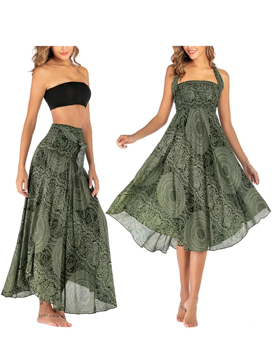 Donna Vestiti da Spiaggia Senza Maniche Eleganti 2 in 1 Gonna Stampa Boho Casual Estivo Arricciato Maxi Abito Taglia Unica