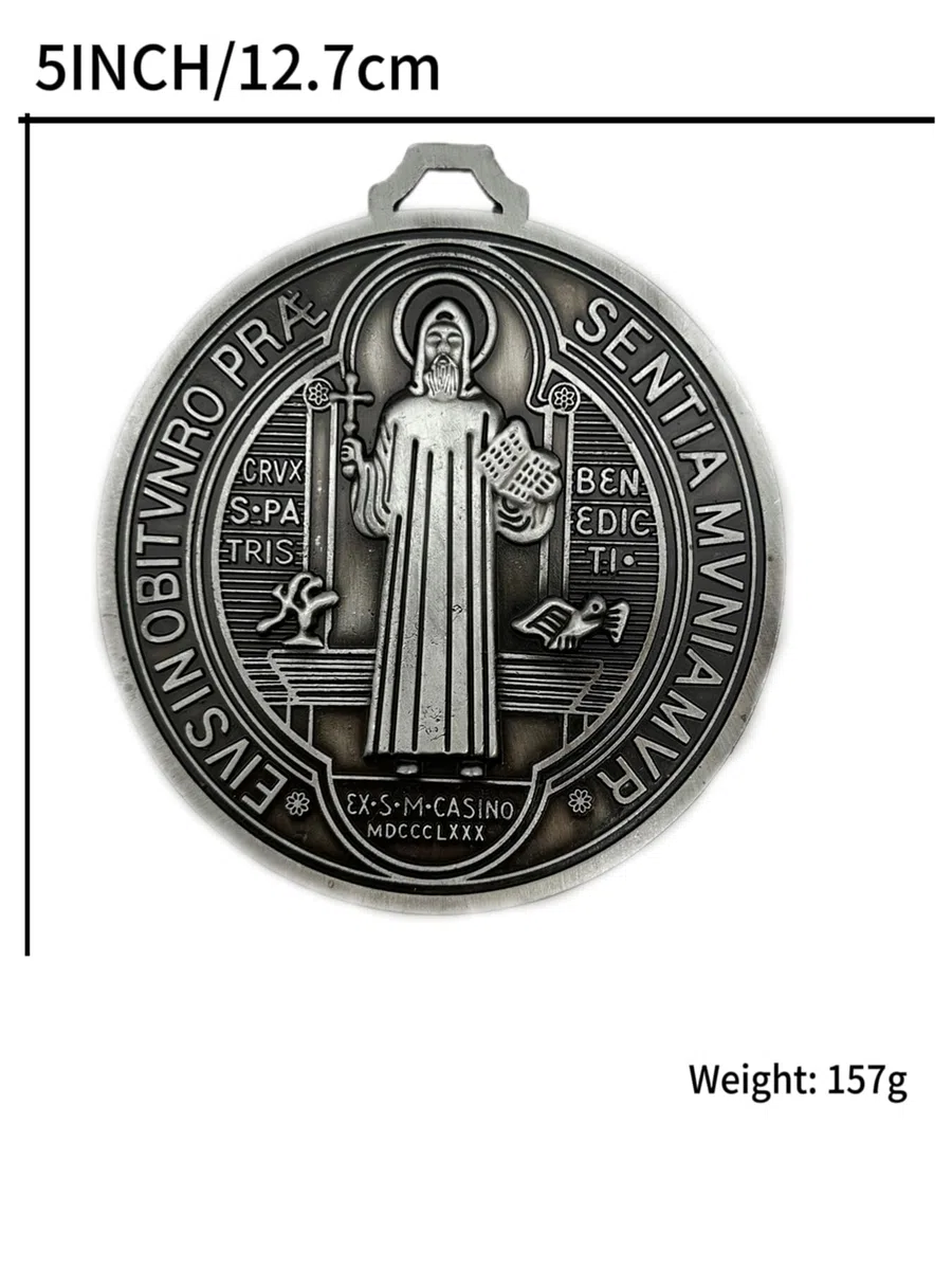 Medaglia di San Benedetto extra large da 12,7 cm, finitura in ottone vintage, per parete o scrivania, Medaglia di San Benito (argento)