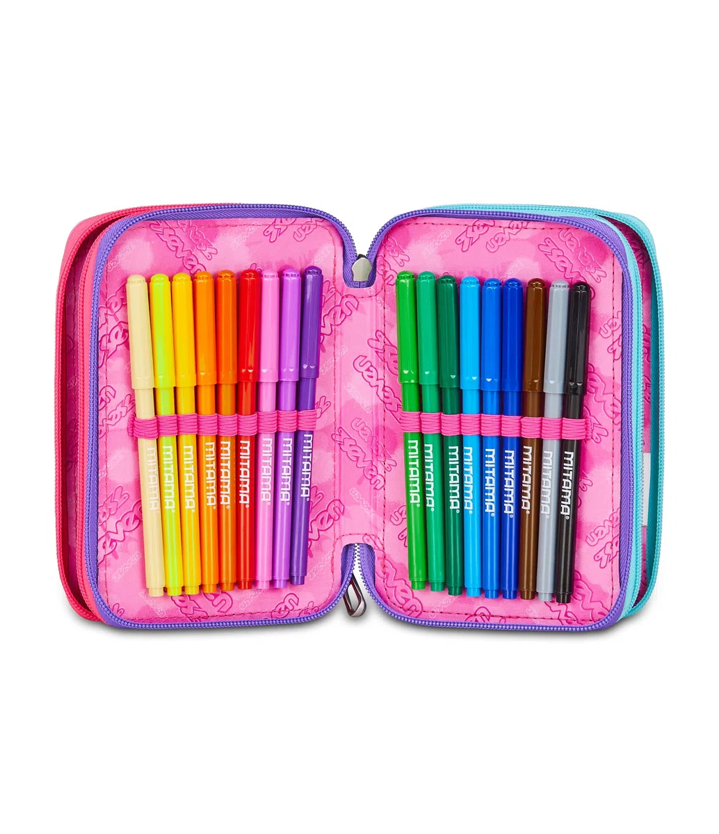 Seven Astuccio Scuola Elementare, 3 scomparti, Medie, con Matite, Pennarelli, Penne, 3 Zip, Universe Spots, Bambina e Ragazza, viola/nero