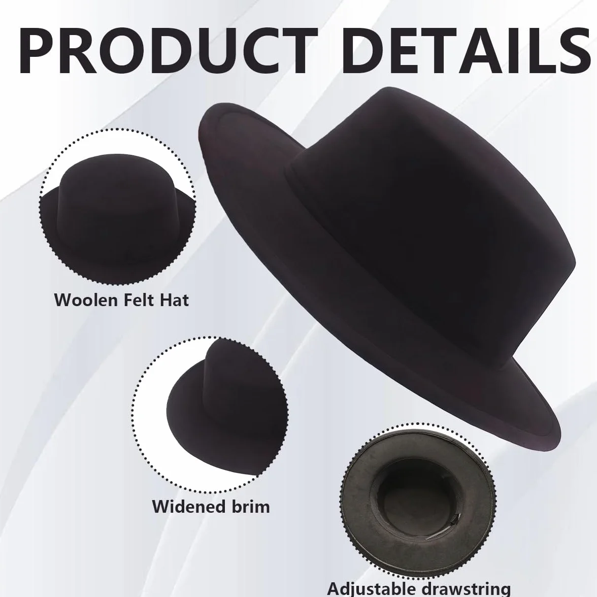VASANA Cappello Classico alla Moda in Misto Lana Nera Fedora a Tesa Larga Piatto da Chiesa Derby Cappello da Jazz per Unisex Uomini Donne Festa di Nozze Talent Show