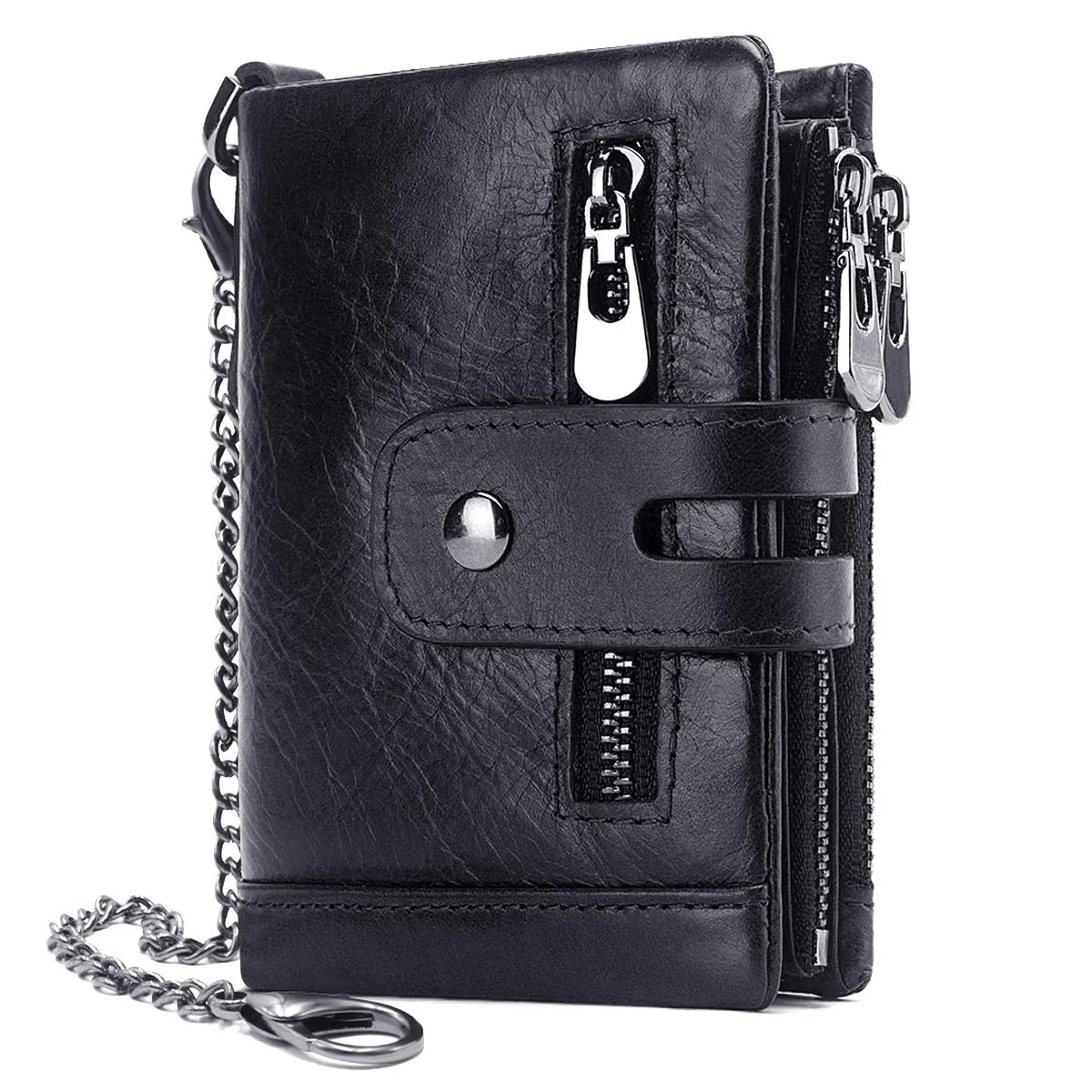 REETEE Portafoglio Uomo Blocco RFID Vera Pelle con Catena, Cerniera Portamonete 16 Porta Carte di Credito Bifold Verticale (nero)