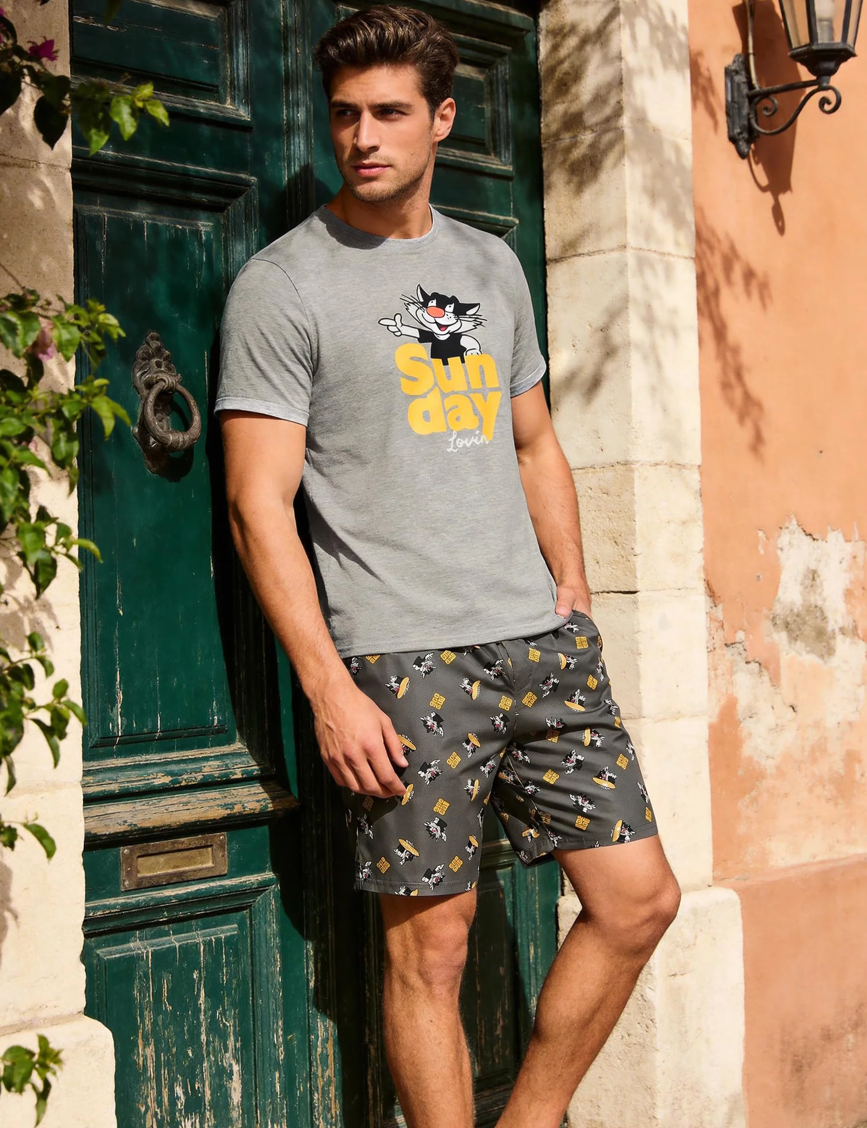 Demegimi Pigiama Uomo Estivo Cotone Corto Leggero Pigiama da Uomo Pigiami Due Pezzi da Uomo a Maniche Corte Modello Carino Stampa e Pantaloncini