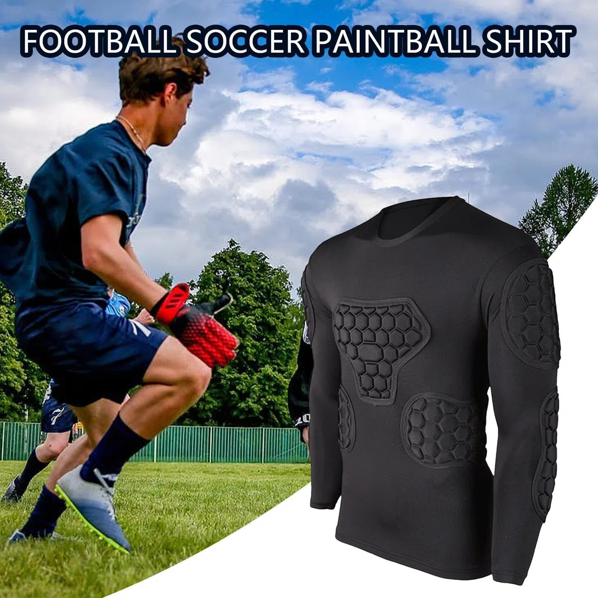 Maglia Da Calcio Imbottita - Tuta Da Calcio Nera A Maniche Lunghe, Equipaggiamento Protettivo Da Calcio, Magliette Imbottite Per Paintball Per Calcio, Basket, Paintball