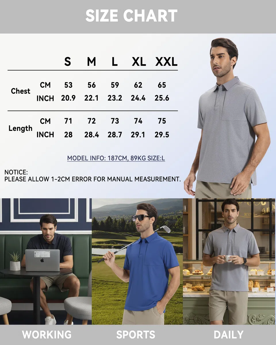 AMZSPORT Polo Uomo Manica Corta Sportiva Golf Tennis Zip Pocket Sport T-Shirt Asciugatura Rapida Traspirante per L'Ufficio con Colletto e Bottoni