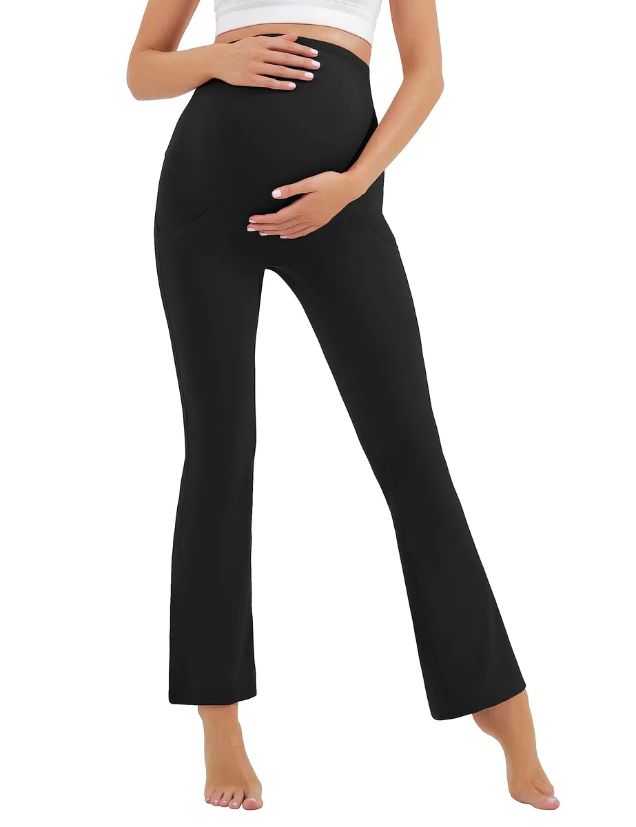 HEGALY Women's Maternity Flare Leggings Over The Belly - Casual Pregnancy Yoga Pants with Pockets Buttery Soft
