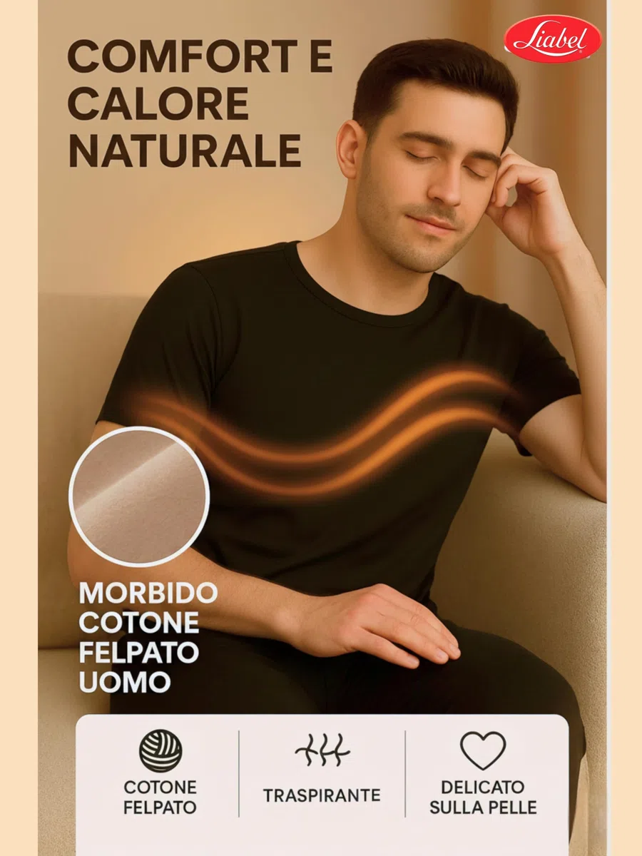 Liabel 2pz Maglia Uomo Caldo Cotone Garzato 100%,T Shirt Cotone Felpato Girocollo o Scollo a V, Maglie Intime Uomo Invernali Anallergiche