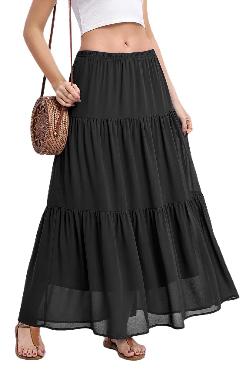 BEIGAI Gonna da donna elasticizzata a vita alta lunga maxi gonna fluida a linea Boho estiva da donna casual elegante gonna a lunghezza intera da donna UK