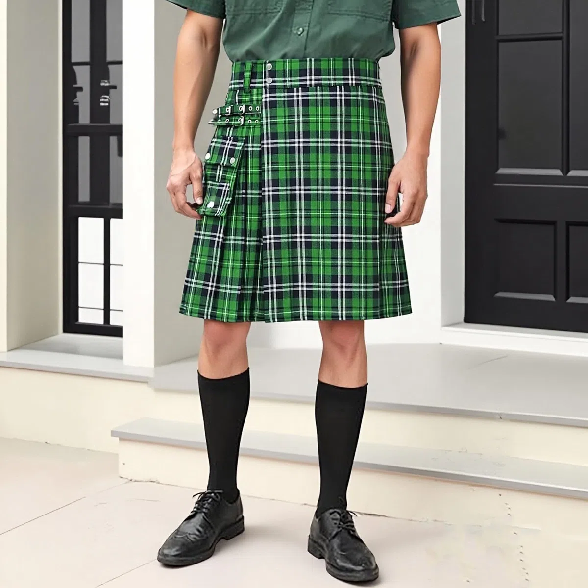 Kilt in Tartan per Uomo Kilt in Tartan con Cinghie e Ampie Tasche Cargo,Set da Scozzese per Uomo, Plaid,Minigonna, Scozia, San Patrizio, Costume,Carnevale, Festa in Maschera,Regalo per Coppia Casual