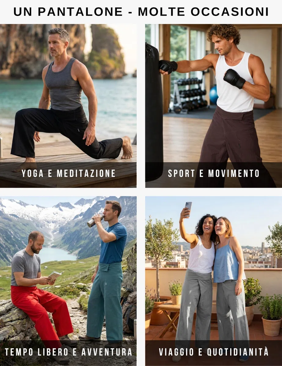 PANASIAM Pantaloni Pescatore Thailandesi in Cotone per Donna e Uomo - Pantaloni Thailandesi Larghi Unisex con vestibilità Regolabile in 2 Lunghezze - Ideali per Yoga e Arti Marziali