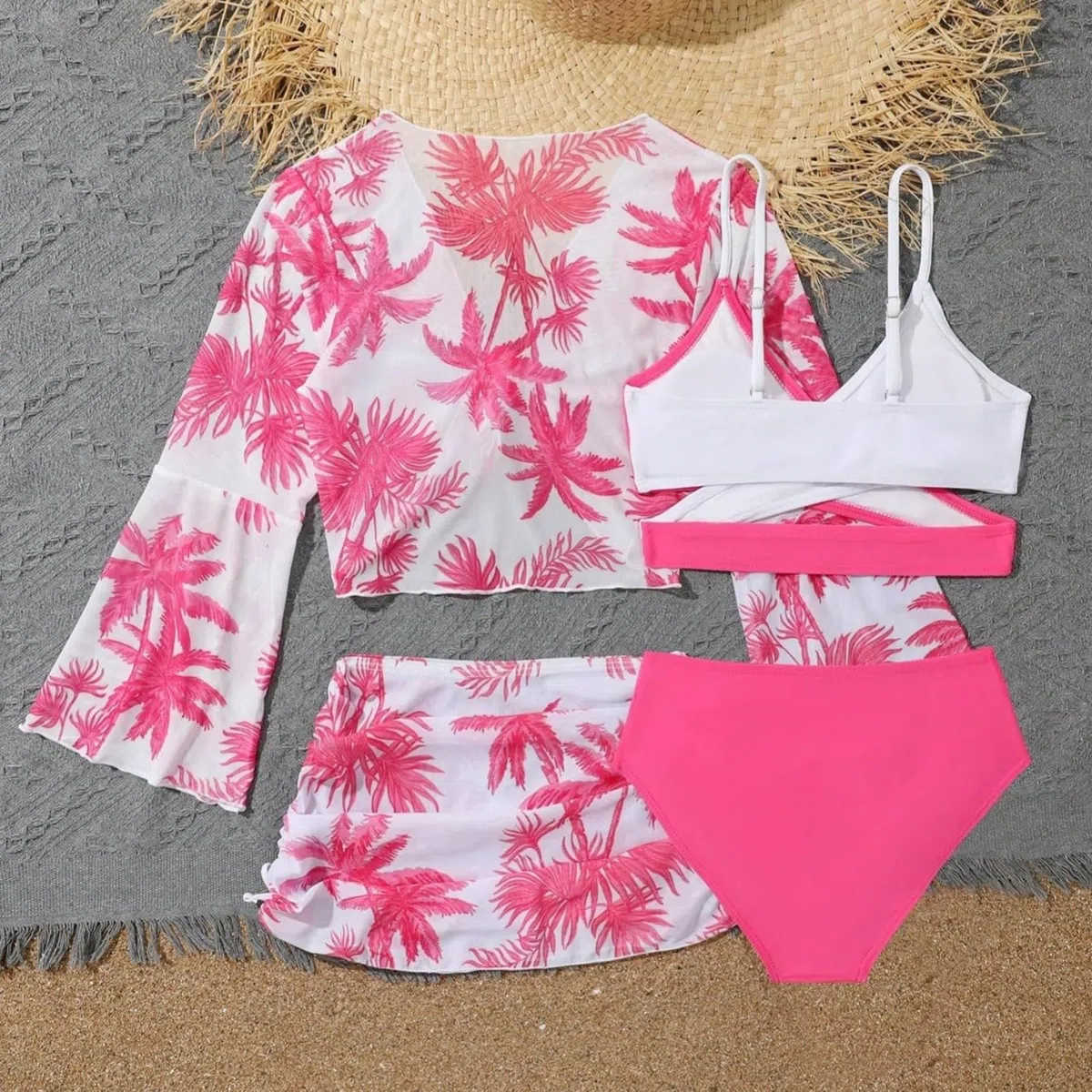 Generico Costume Da Bagno Quattro Pezzi Per Bambina Completo Con Top Mutandine Copricostume Pantaloni Da Spiaggia Ideale Per Vacanze Mare Piscina