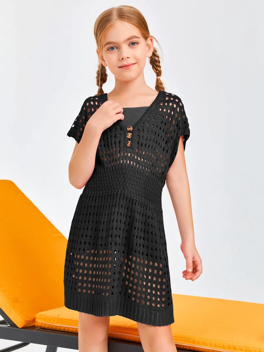 Haloumoning Vestito da spiaggia da ragazza copertura Up bikini estivo poncho manica corta maglia bambini moda costumi da bagno