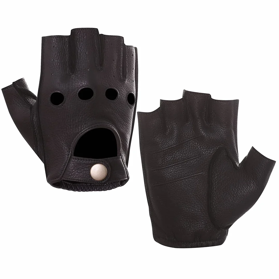 Harssidanzar Uomo Guanti da guida in pelle senza dita Mezze dita senza fodera in pelle di cervo GM005A