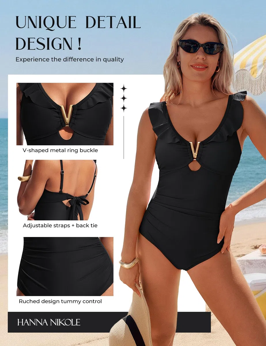 Hanna Nikole Costume da bagno monokini da donna, scollo a V, volant, fibbia in metallo, taglio sartoriale per una silhouette snellente, ritagli