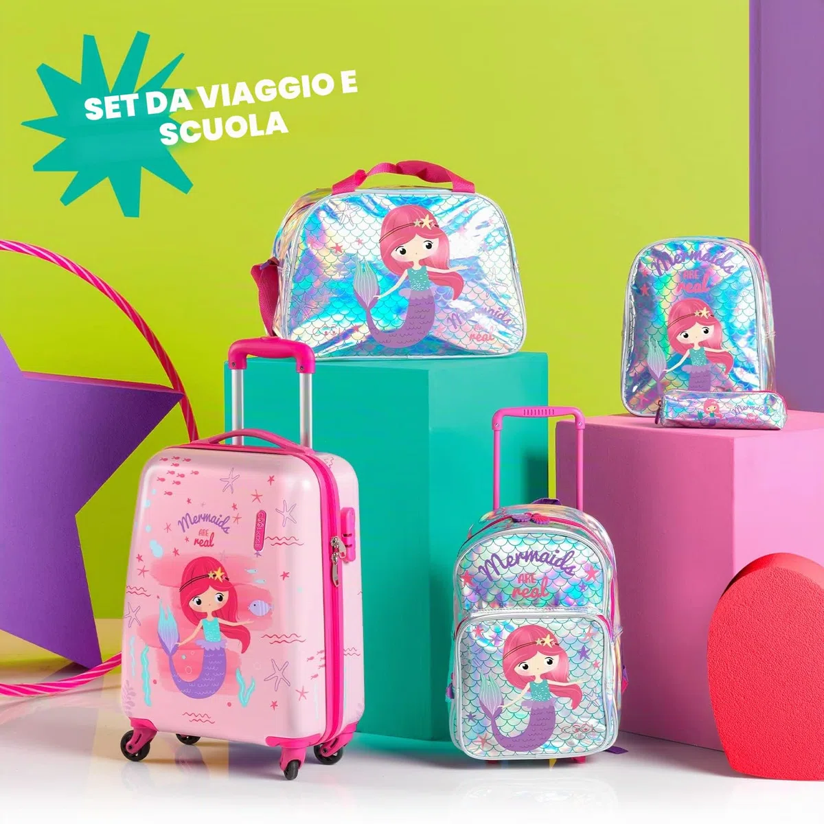 PERLETTI Borsa sportiva per bambini, ragazza, rosa o argento, borsa da viaggio e tempo libero a tracolla per ragazza, unicorno o sirena, borsa da palestra riflettente con stelle e paillettes, 28 x 41