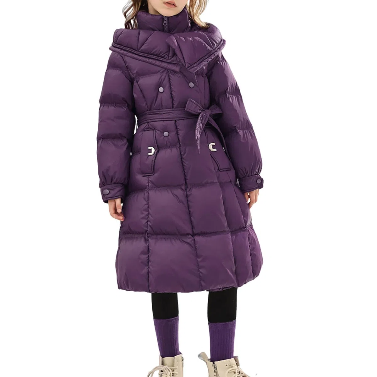 Piumino invernale da ragazza, lunghezza al ginocchio, parka, con fiocco, cintura, colletto rialzato, caldo, pesante, elegante, con cerniera, antivento, capispalla lungo per bambini
