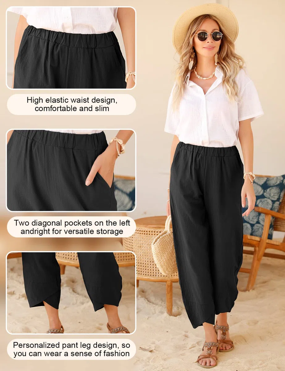 heekpek Pantaloni Donna Estivi Cotone Lino Leggeri Comodi Pantalone Casual Donna Larghi Tinta Unita Pantaloni Spiaggia 9/10 Lunghezza