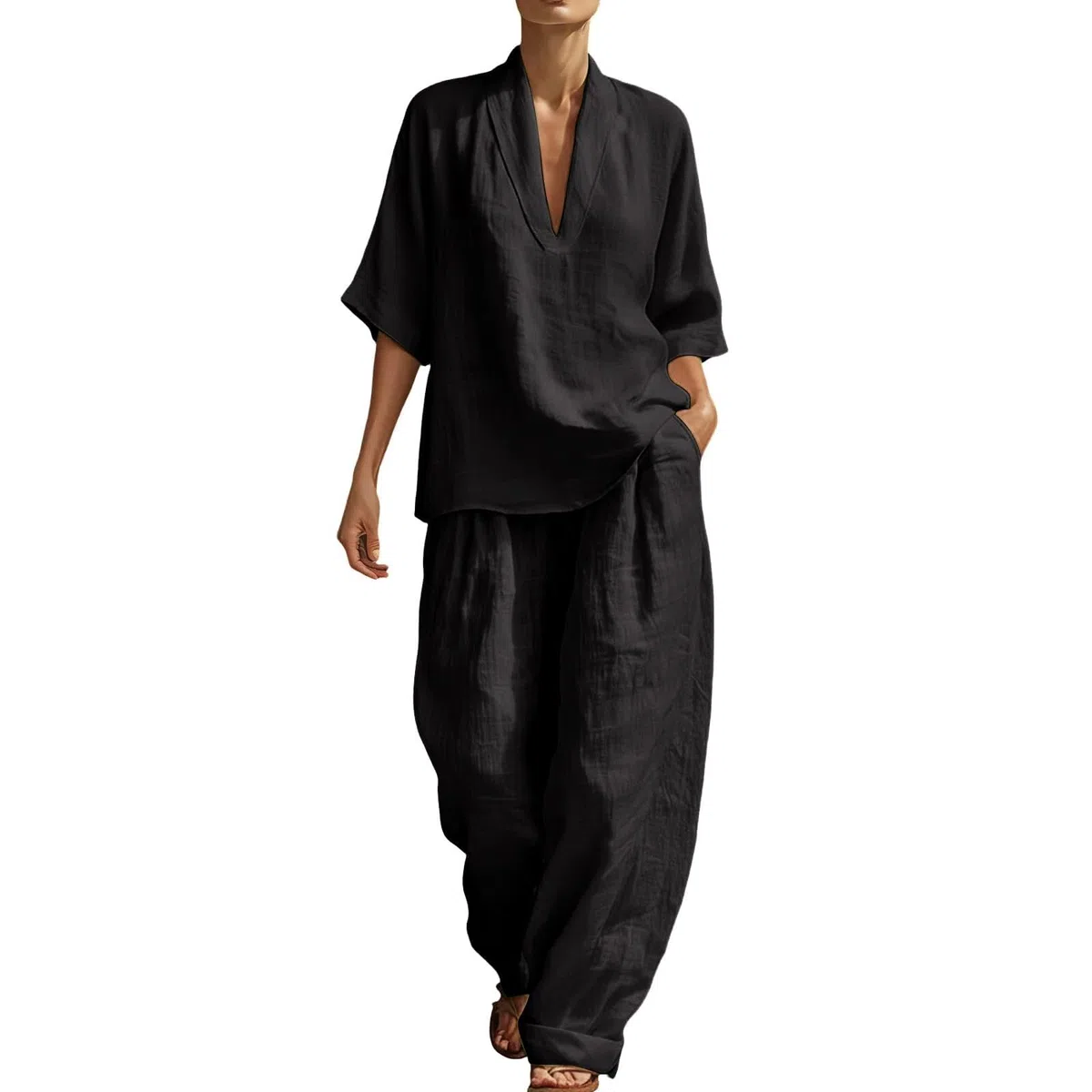 Generico Completo Donna Elegante Cerimonia Completo Casual Da Donna In Due Pezzi V-Neck Manica Lunga Elegante Effetto Fresco Set Tuta Tuta Baggy Top E Pantaloncini Estivi Da Per L’Estate