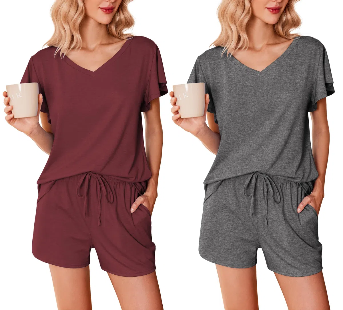 Ekouaer Confezione da 2 Pigiama Donna Estivo Corto Leggero Maniche Arricciate Scollo a V, S-XXL