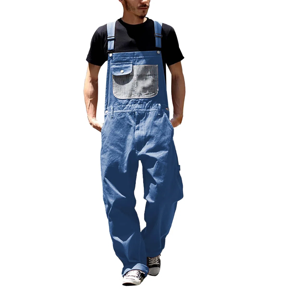 Salopette da uomo, pantaloni da lavoro, jeans con bretelle, tuta da uomo, gamba lunga, molte tasche, jeans da uomo, taglio largo, salopette da uomo, in denim, streetwear