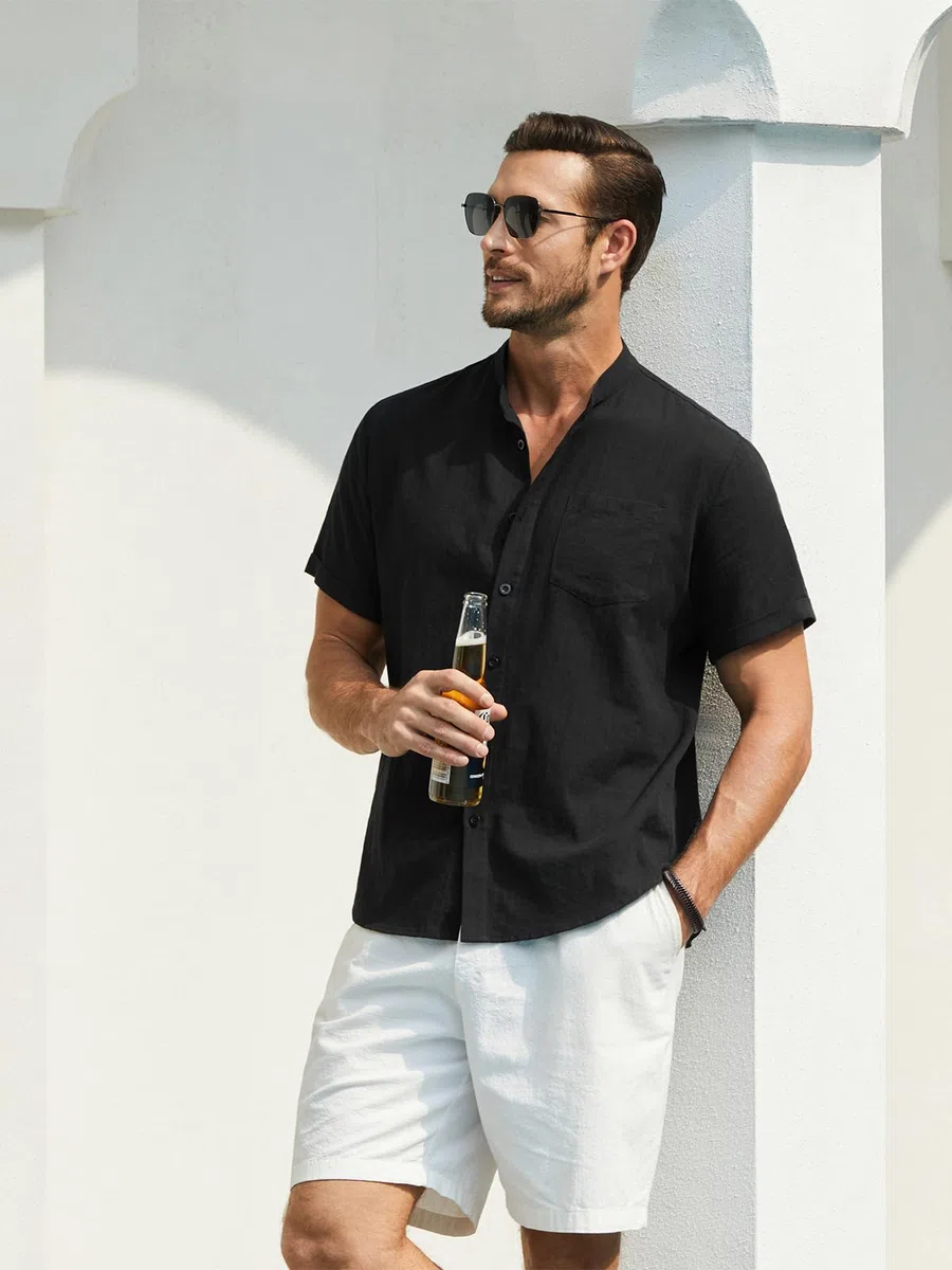 Enlision Uomo Camicia in Lino Manica Corta con Bottoni Casual Cotone Henley Shirt in Tinta Unita Camicia da Uomo per Estiva Beach Spiaggia S-4XL