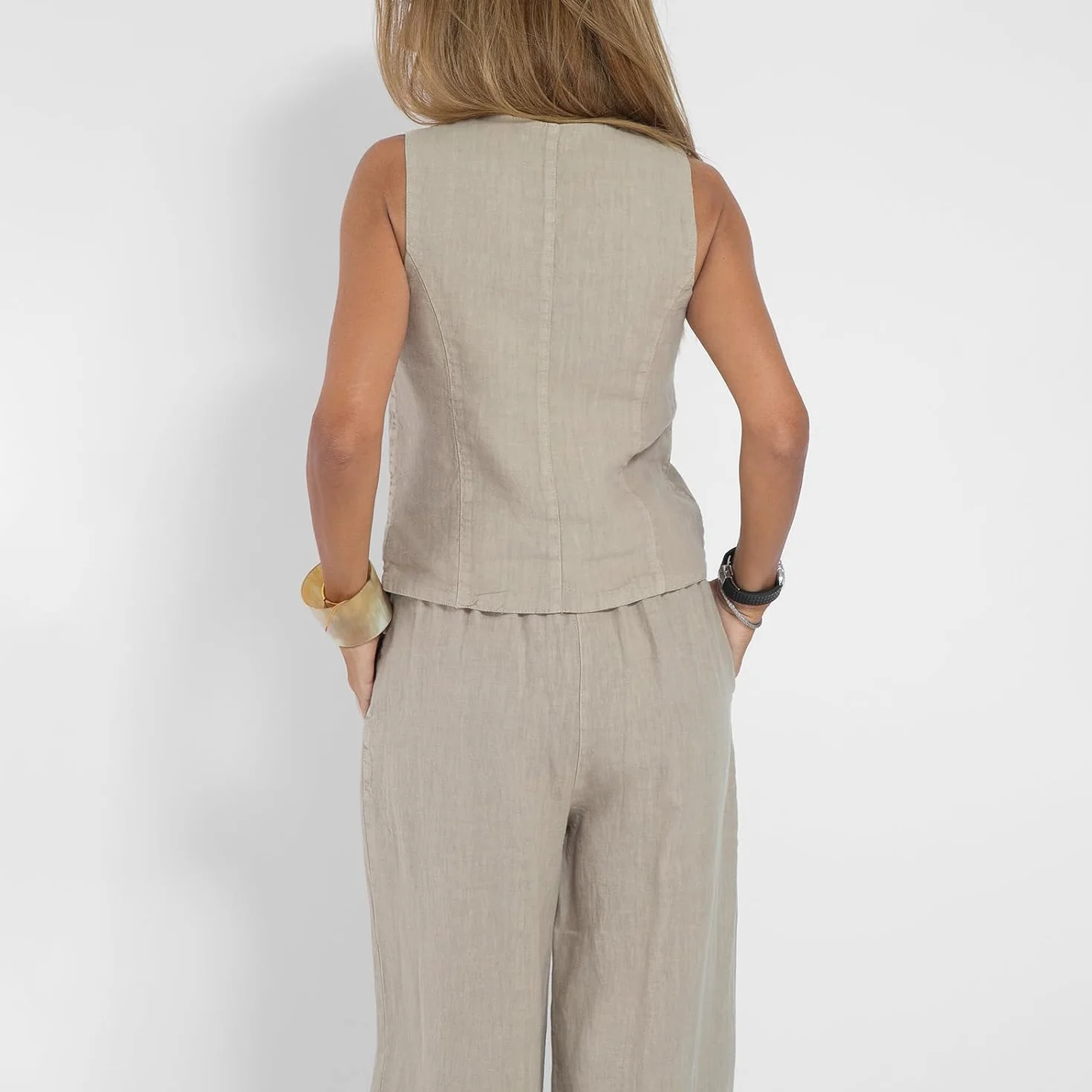 Abiti da donna Set da 2 pezzi con scollo a V senza maniche con bottoni gilet a gamba larga pantaloni a 2 pezzi blazer completo estivo in lino set abbinati