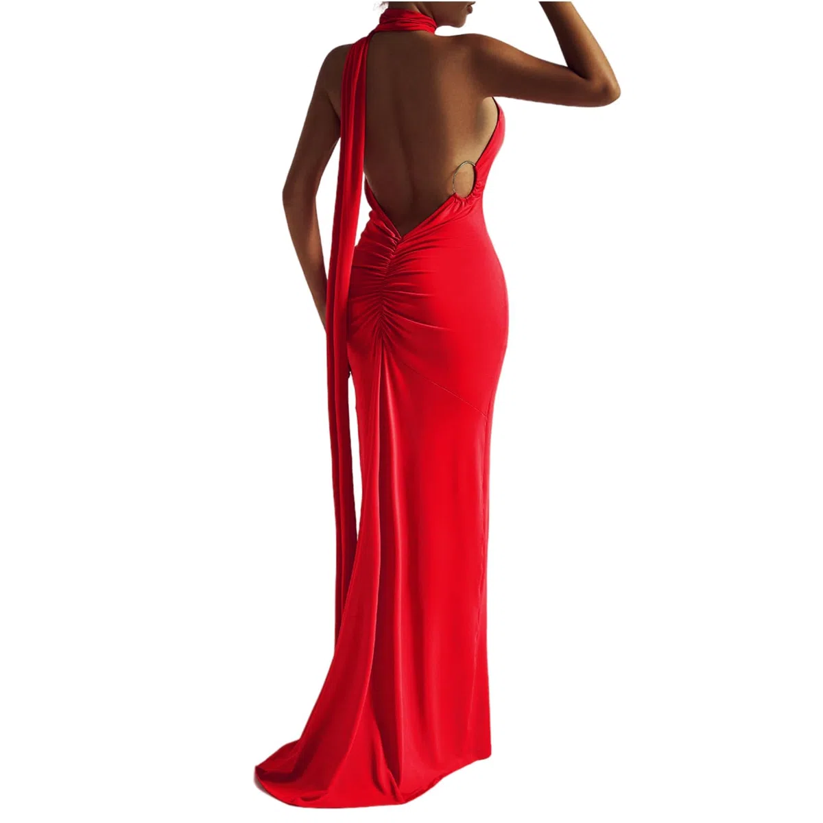 Abito lungo da donna, sexy, monospalla con schiena scoperta, elegante, increspato, senza maniche, abito da sera, abito da cocktail