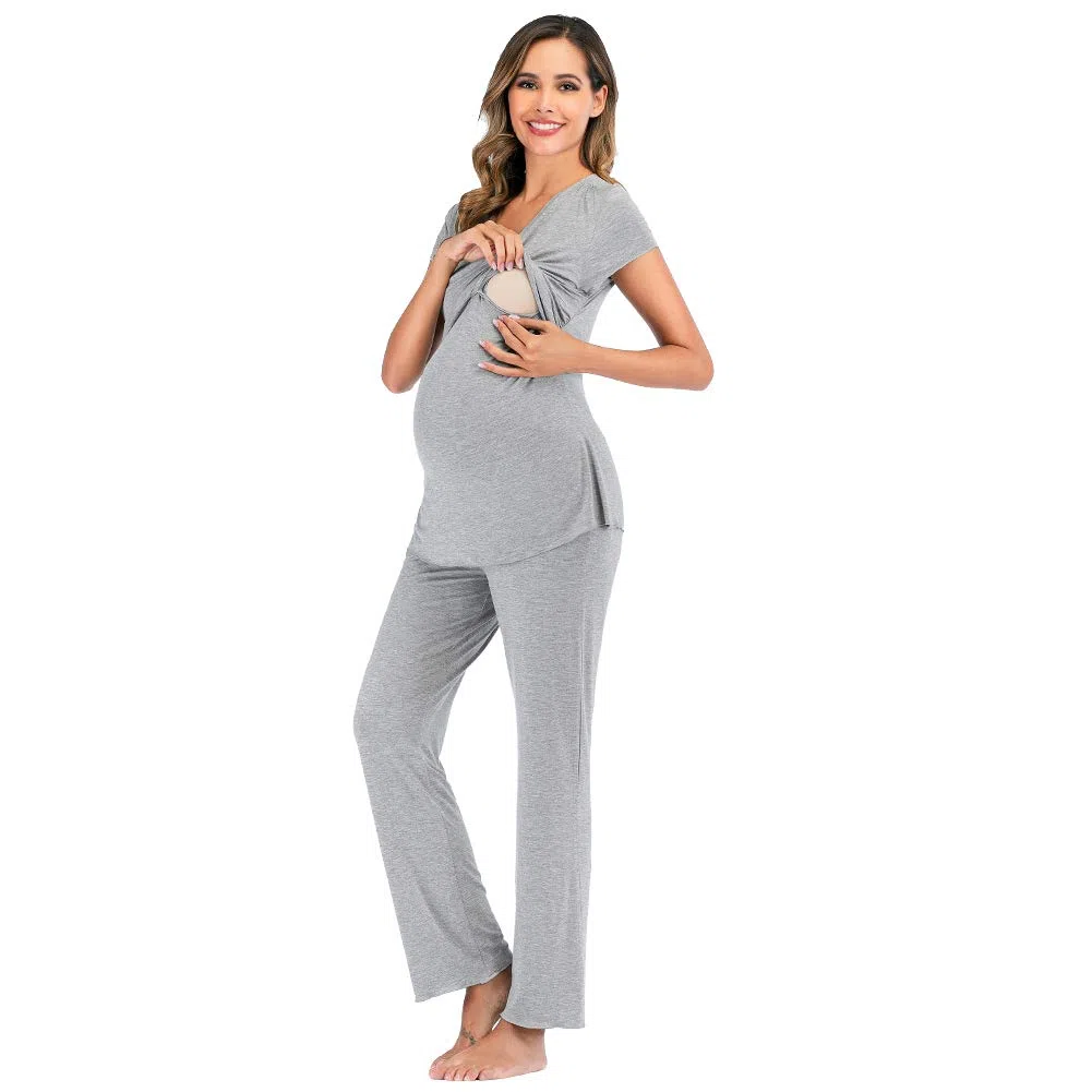 rismart Due Pezzi Pigiama Premaman Donna Camicia da Notte Allattamento Maniche Corte Magliette e Pantaloni Set