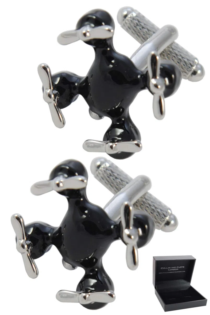 Gemelli Camicia Uomo Nero - Con Scatola - Drone - Ottone - Volare Aeromobili Senza Pilota - Colori Nero e Argento - Un Paio