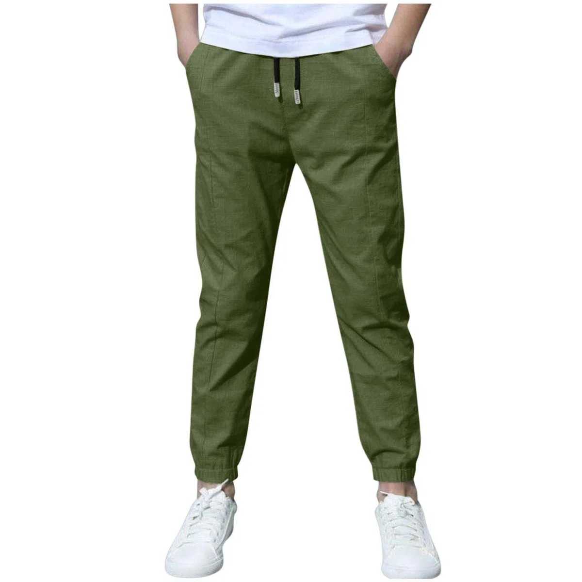 Confezione da 2 pantaloni in lino estivi classici alla moda pantaloni chino con coulisse, pantaloni sportivi leggeri, casual, tinta unita, uniforme scolastica, età 3-13 anni