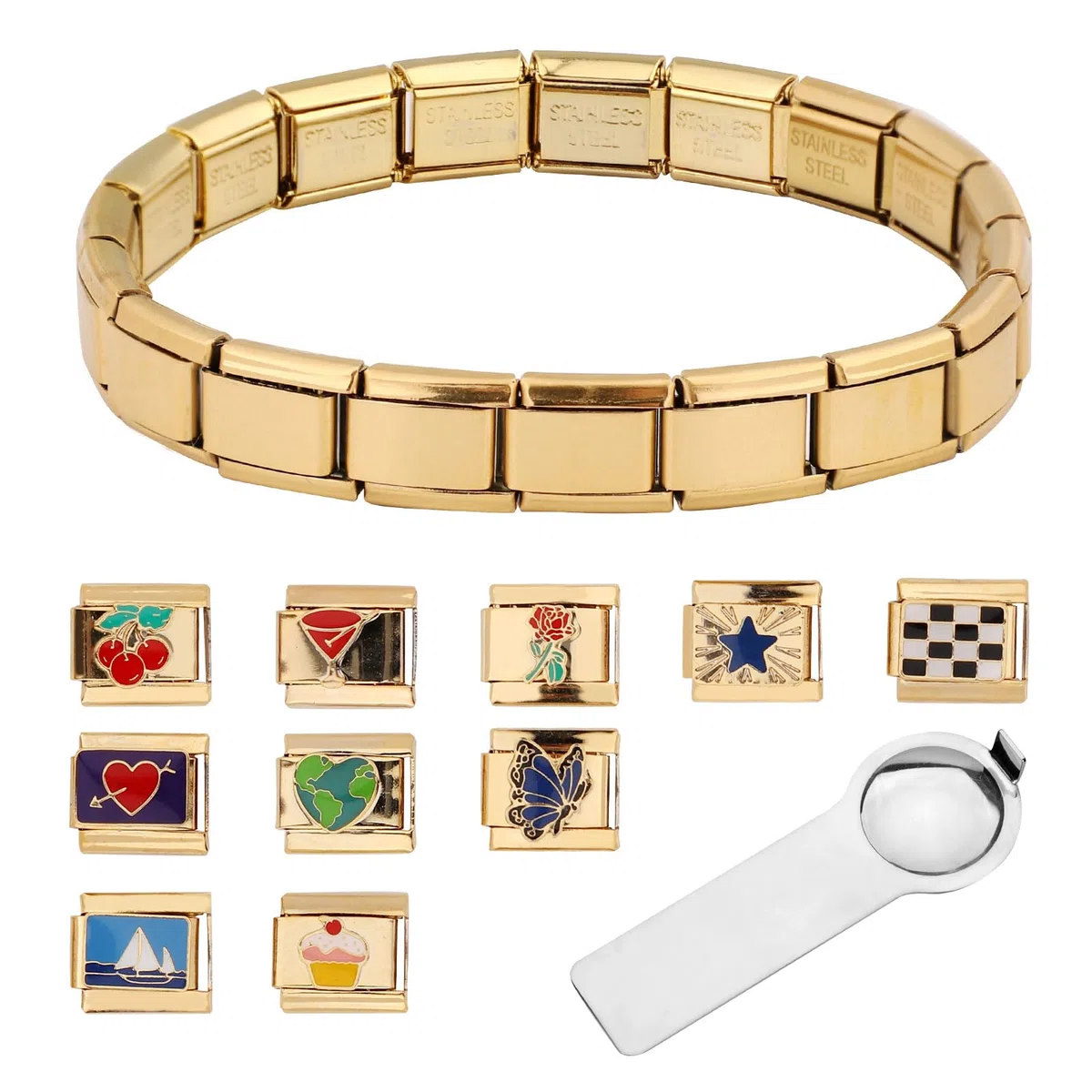 Braccialetto con Ciondoli Italiano, Bracciale Italiano in Oro con Strumento di Apertura e 10 Ciondoli Staccabili Ciondoli per Braccialetti Italiani in Acciaio Inossidabile Bracciale