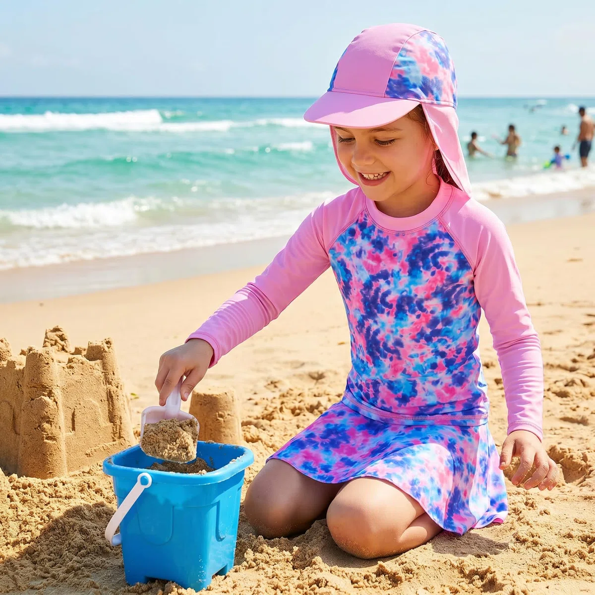 Costume da bagno per ragazze, 3 pezzi, a maniche lunghe, protezione dai raggi UV, maglia con pantaloni corti e cuffia da nuoto, 4-9 anni