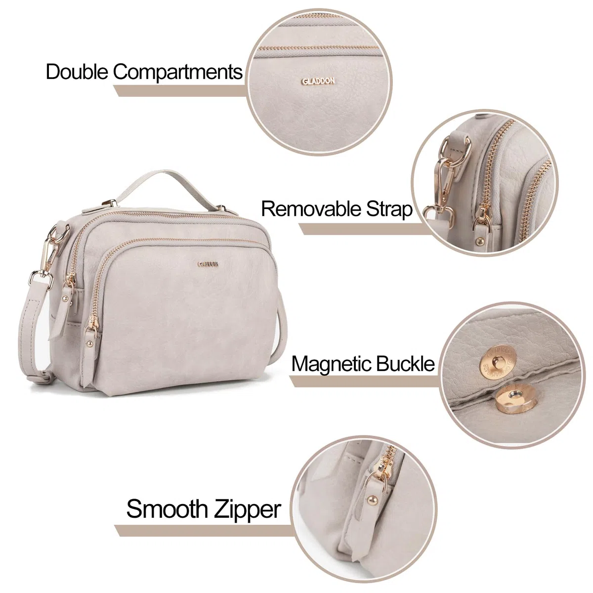 Gladdon Piccola Borsa a Tracolla Donna, Crossbody Bag con 3 Scomparti Capienti, Borsa Mano PU Pelle Sintetica, Borsetta Moda Borse Spalla con Tracolla Regolabile e Rimovibile…Nude
