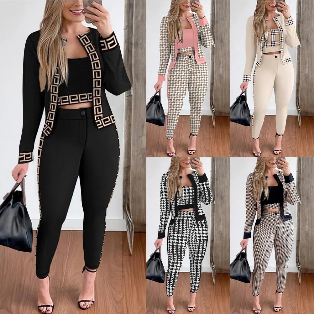 shownicer Completo Donna Elegante Top E Pantaloni Vita Alta Set Abbigliamento 3 Pezzi Ufficio Costume Lavoro Completino Casual Outfit
