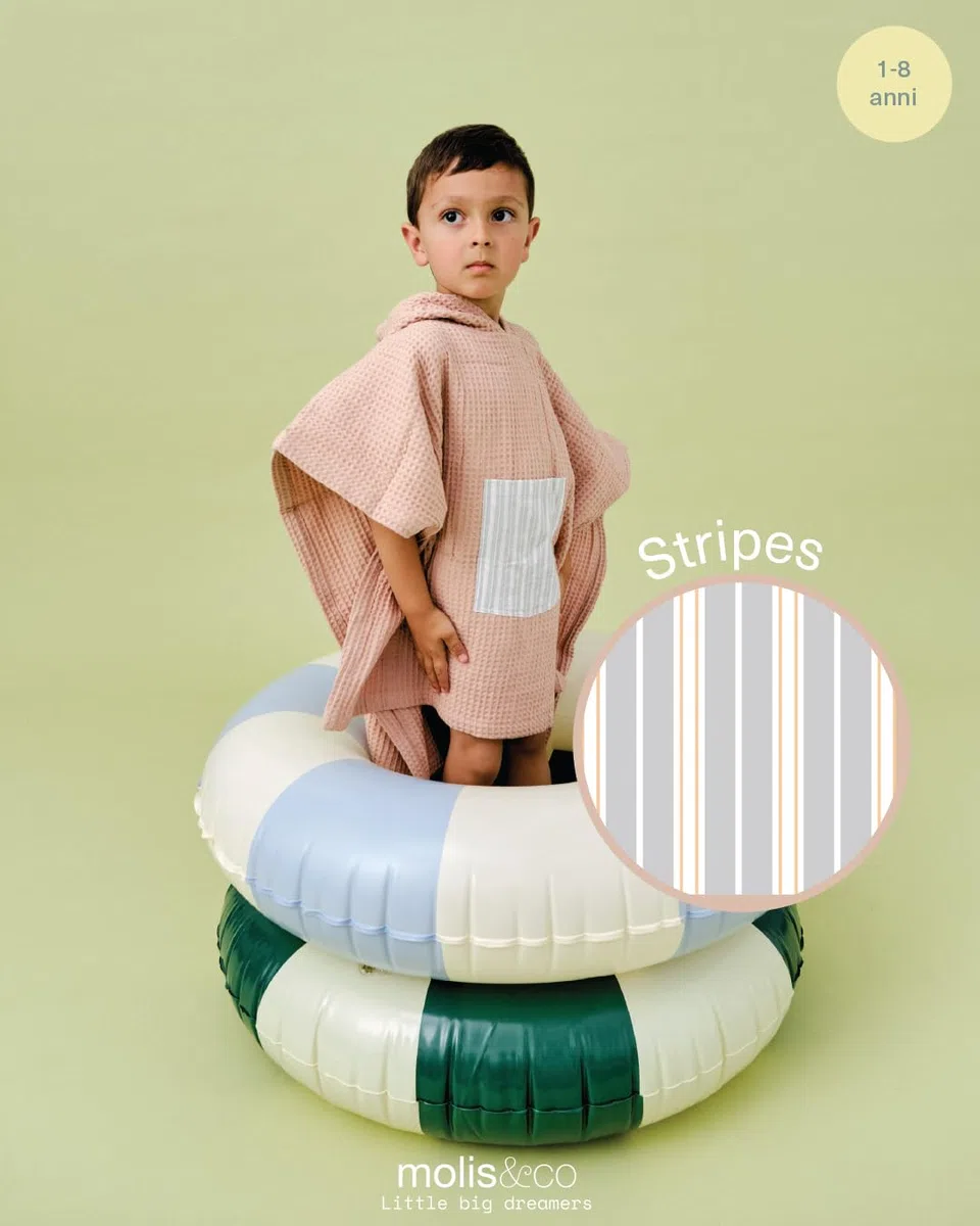 molis&co. Poncho da bagno per bambini 1-2 anni. Stripes. Telo mare con cappuccio. Accappatoio per bambini leggero e compatto. (OEKO-TEX 100).