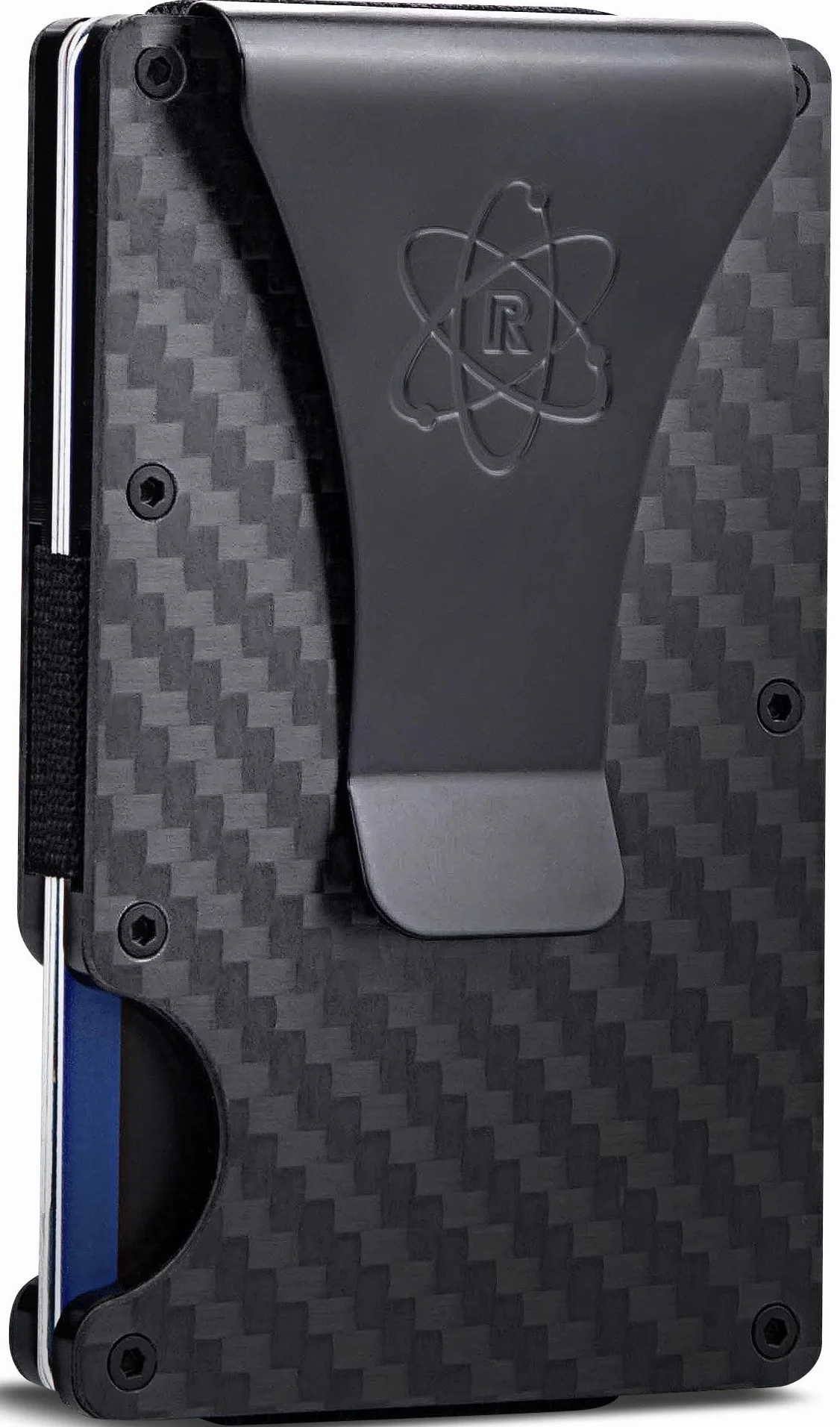 ROSSM Portafoglio da uomo minimalista con blocco RFID sottile - Portafoglio con tasca frontale sottile con cinturino in metallo e fermasoldi - Fibra di carbonio forgiata/Pacifico/AirTag