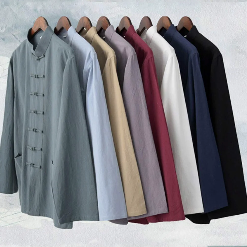 ZHOUXIAO Giacca di Arti Marziali in Lino di Cotone Uomo Kung Fu Uniformi Camicia a Maniche Lunghe, Abito a Coda Vestiti Cinesi Tradizionali, Vestiti di Tai Chiti di Blue-L