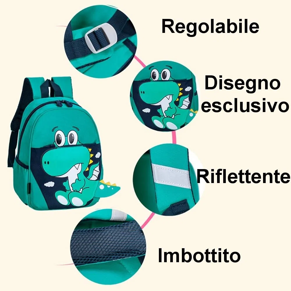 Zainetto Asilo Bambino, Zaino Dinosauri Bambino 2, 3, 4, 5 anni, Zaino Asilo Bimbo e Bimba Piccolo, Cinghie Imbottite Comodo, Regolabile, con Riflettente