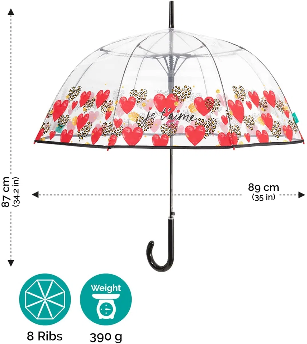 PERLETTI Ombrello Trasparente Con Banda Colorata per Donna - Cupola Automatica, Resistente in Fibra di Vetro - Diametro 89 cm Bordo Cuori