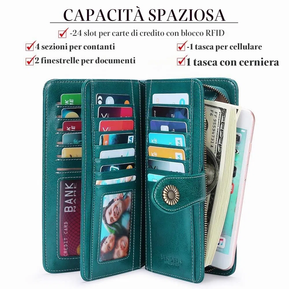 SENDEFN Portafoglio donna in pelle grandi donne frizione con protezione RFID portafoglio grande portafoglio portafoglio portafoglio lungo con 17 tasche per carte